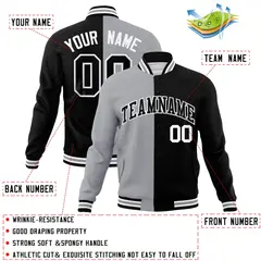 Gray Black Two Tone Split Varsity Full-Snap Letterman Jacket 4