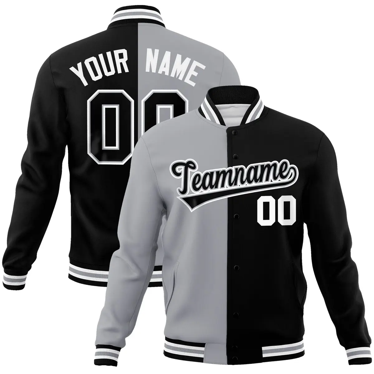 Gray Black Two Tone Split Varsity Full-Snap Letterman Jacket