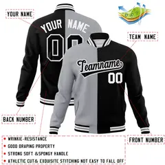 Gray Black Two Tone Split Varsity Full-Snap Letterman Jacket 4