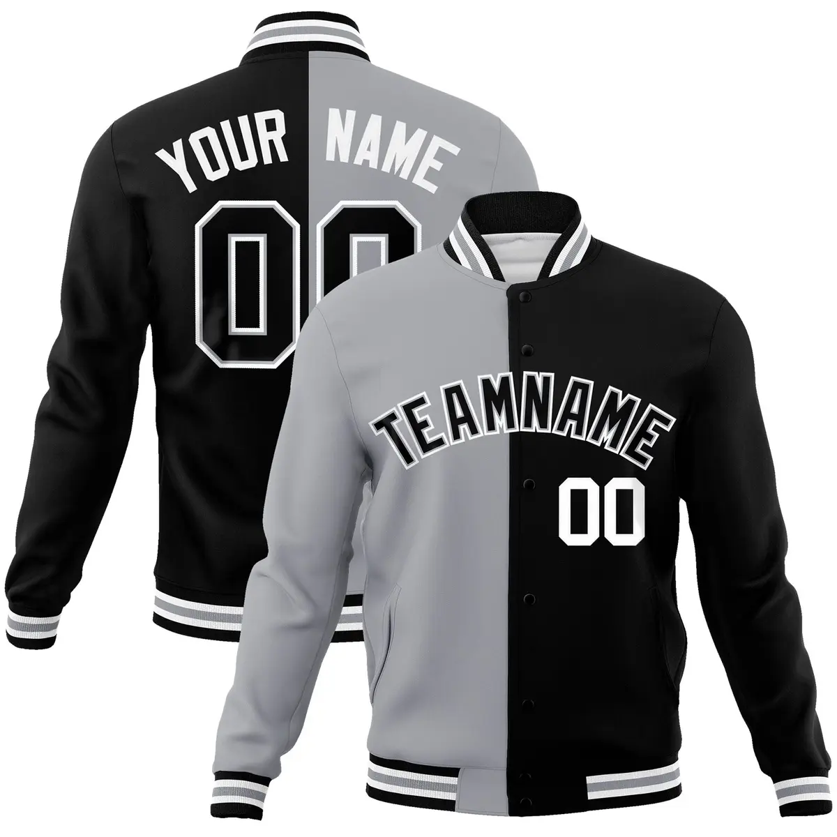 Gray Black Two Tone Split Varsity Full-Snap Letterman Jacket