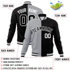 Gray Black Two Tone Split Varsity Full-Snap Letterman Jacket 4