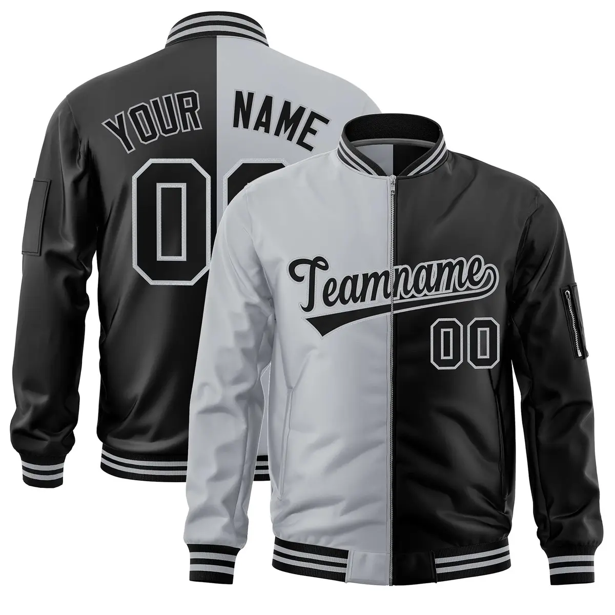 Gray Black Two Tone Split Varsity Letterman Bomber Jacket
