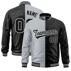 Gray Black Two Tone Split Varsity Letterman Bomber Jacket 1