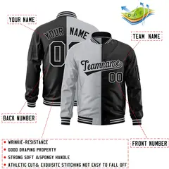 Gray Black Two Tone Split Varsity Letterman Bomber Jacket 2