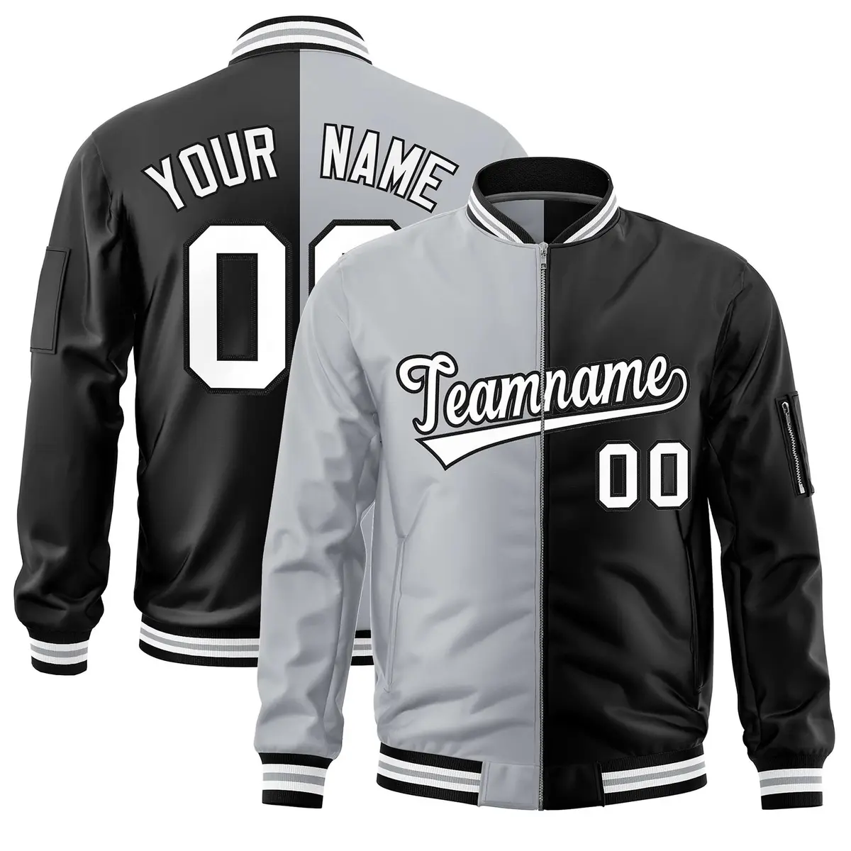 Gray Black Two Tone Split Varsity Letterman Bomber Jacket