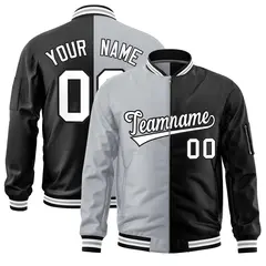 Gray Black Two Tone Split Varsity Letterman Bomber Jacket 1