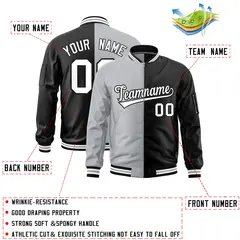 Gray Black Two Tone Split Varsity Letterman Bomber Jacket 2