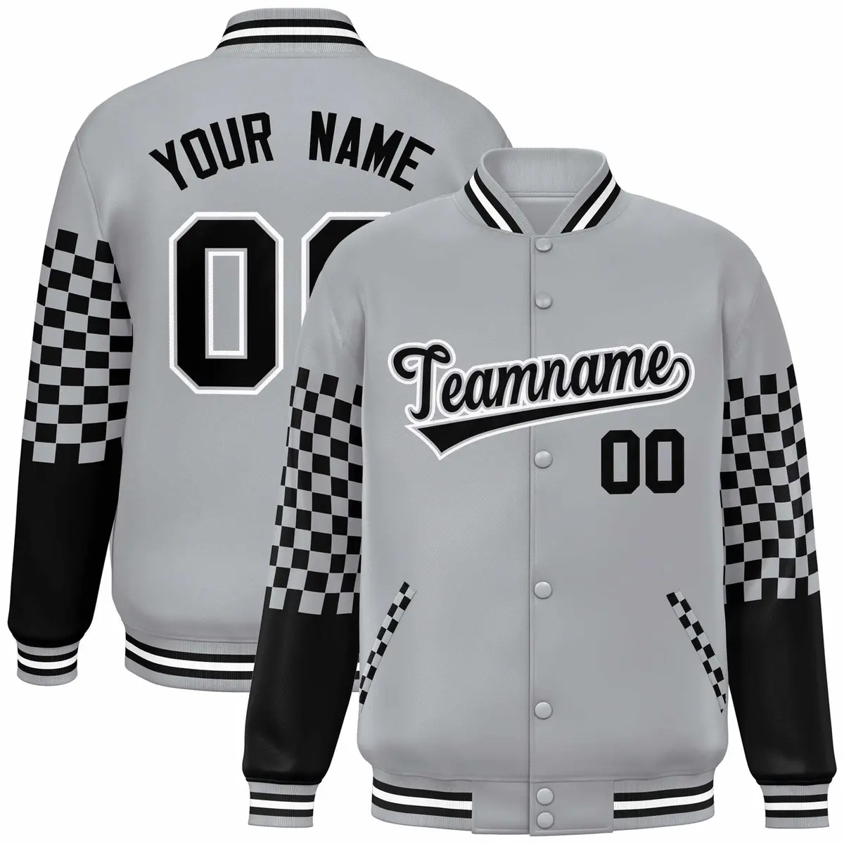 Gray Black-White Checkered Color Block Bomber Varsity Jacket