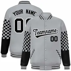 Gray Black-White Checkered Color Block Bomber Varsity Jacket 1