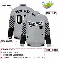 Gray Black-White Checkered Color Block Bomber Varsity Jacket 2