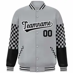 Gray Black-White Checkered Color Block Bomber Varsity Jacket 3