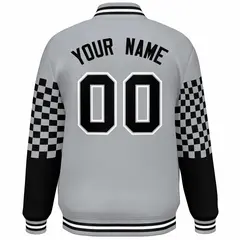 Gray Black-White Checkered Color Block Bomber Varsity Jacket 4