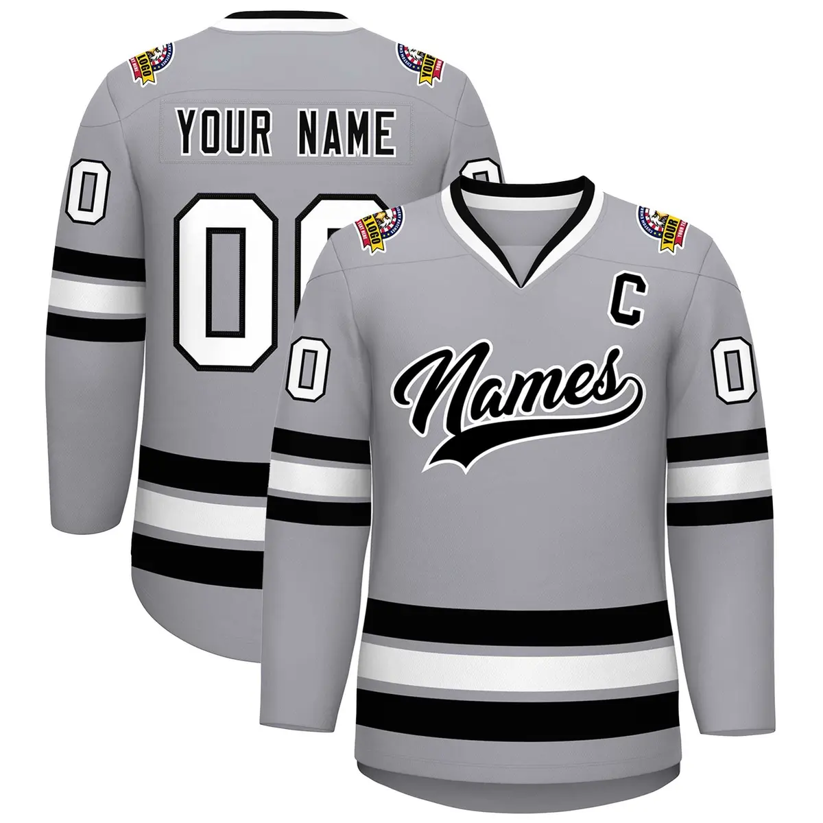 Gray Black-White Classic Style Hockey Jersey