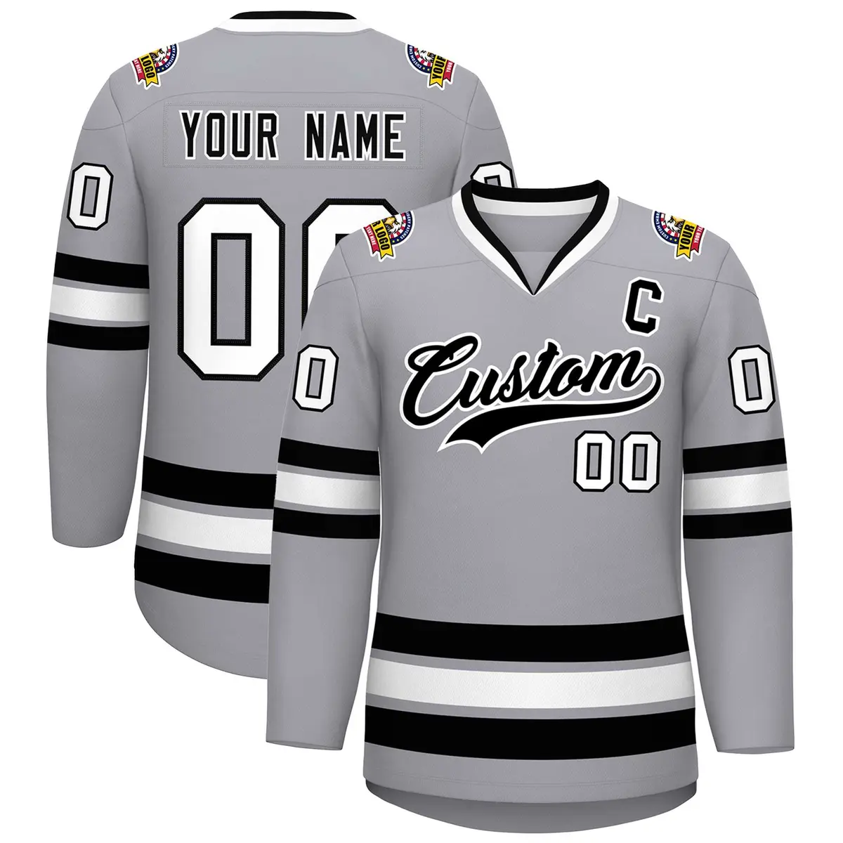 Gray Black-White Classic Style Hockey Jersey