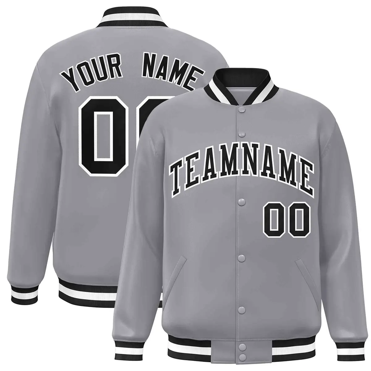Gray Black White Classic Varsity Full-Snap Letterman Jacket