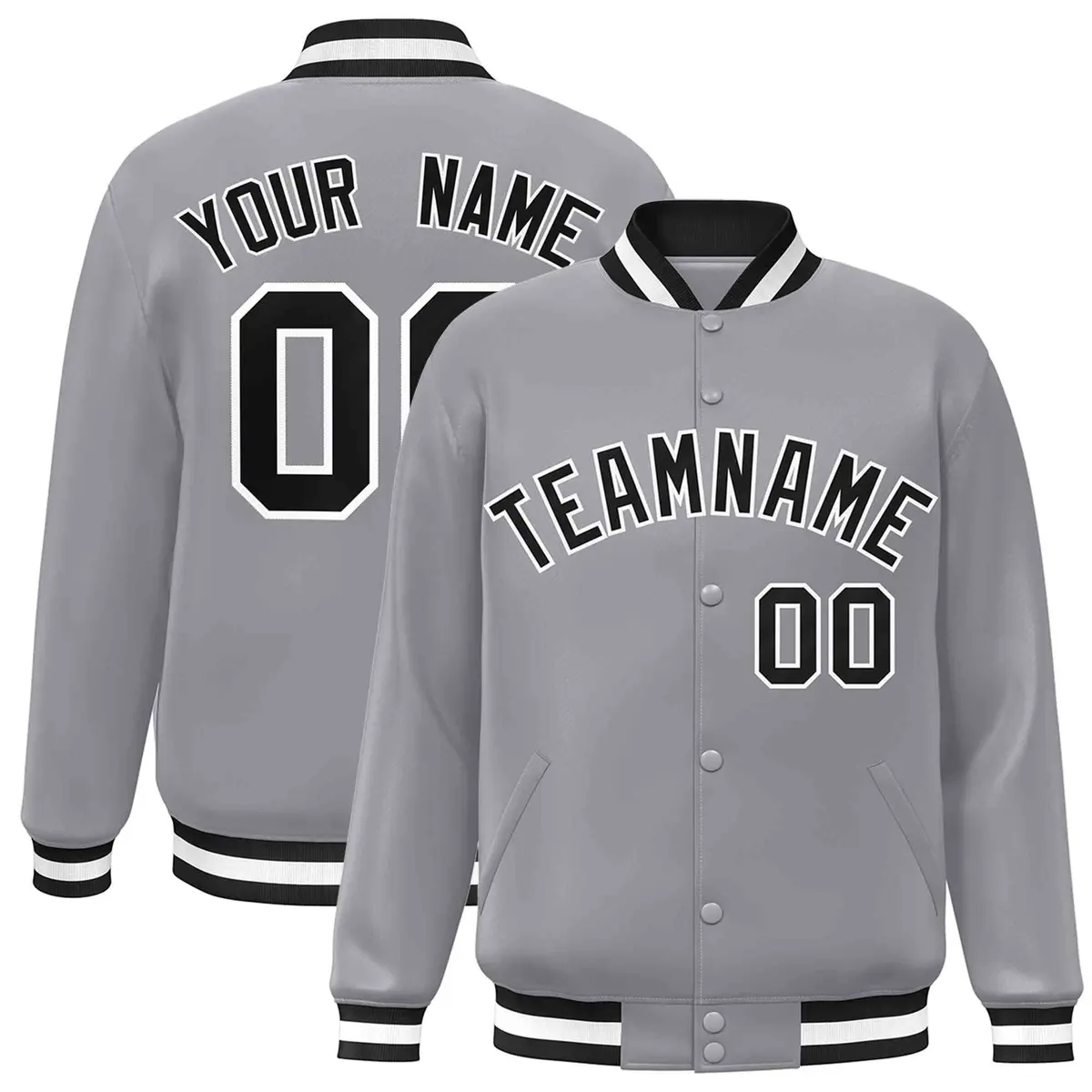 Gray Black White Classic Varsity Full-Snap Letterman Jacket