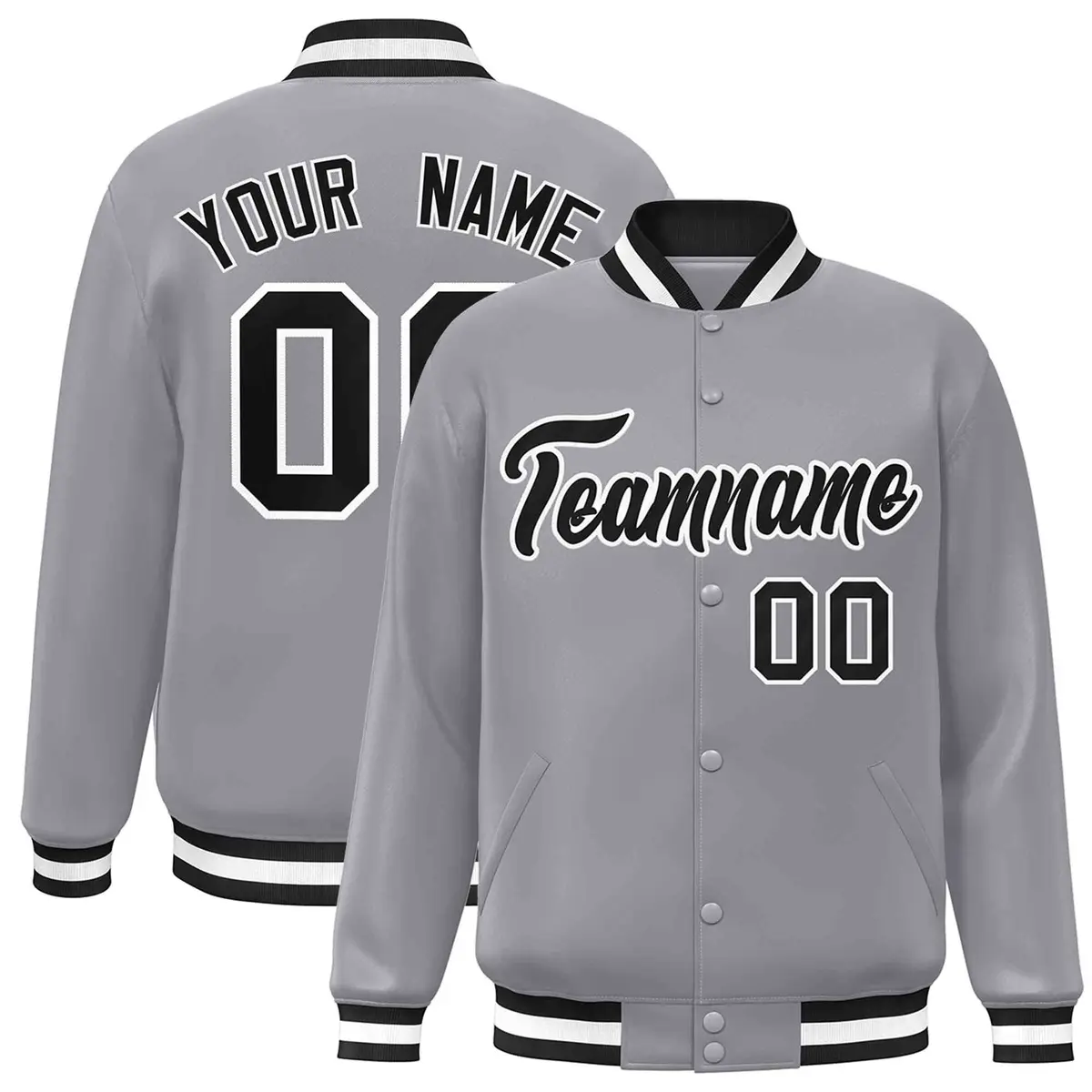 Gray Black White Classic Varsity Full-Snap Letterman Jacket