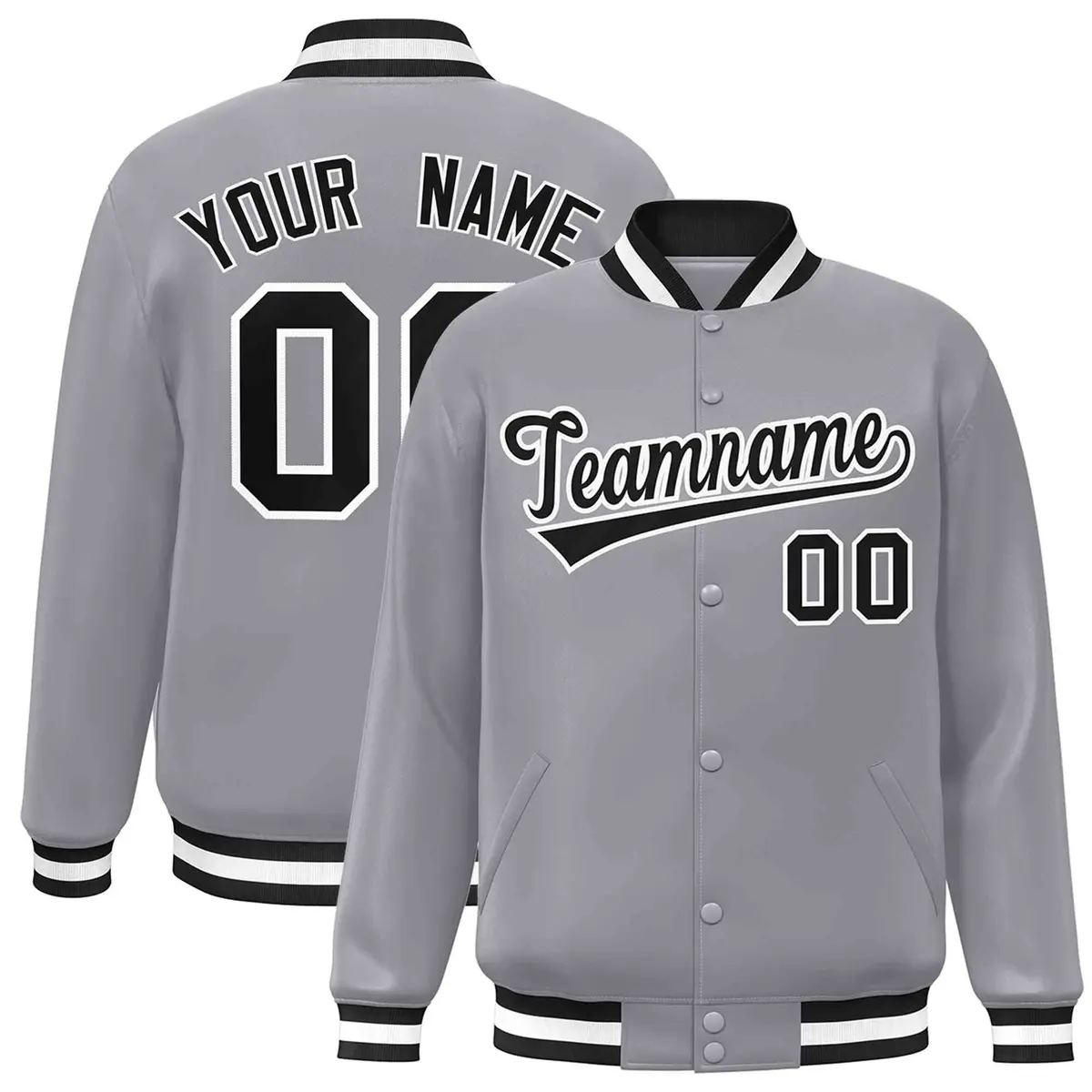 Gray Black White Classic Varsity Full-Snap Letterman Jacket