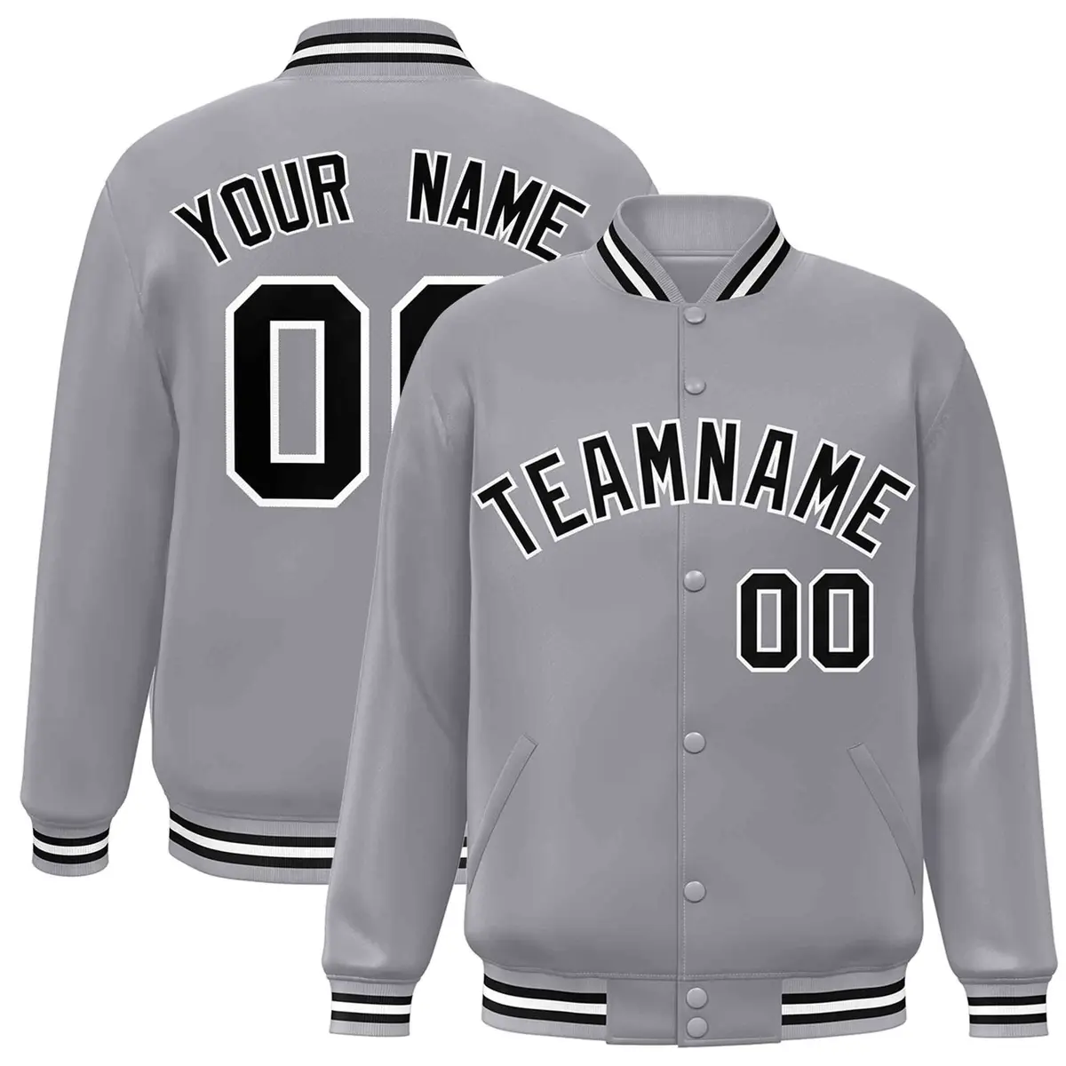 Gray Black White Classic Varsity Full-Snap Letterman Jacket
