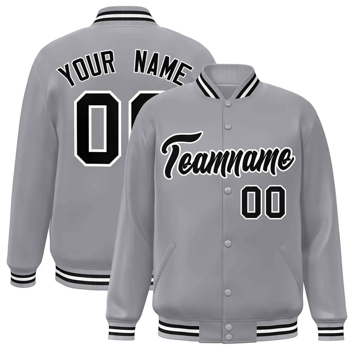 Gray Black White Classic Varsity Full-Snap Letterman Jacket