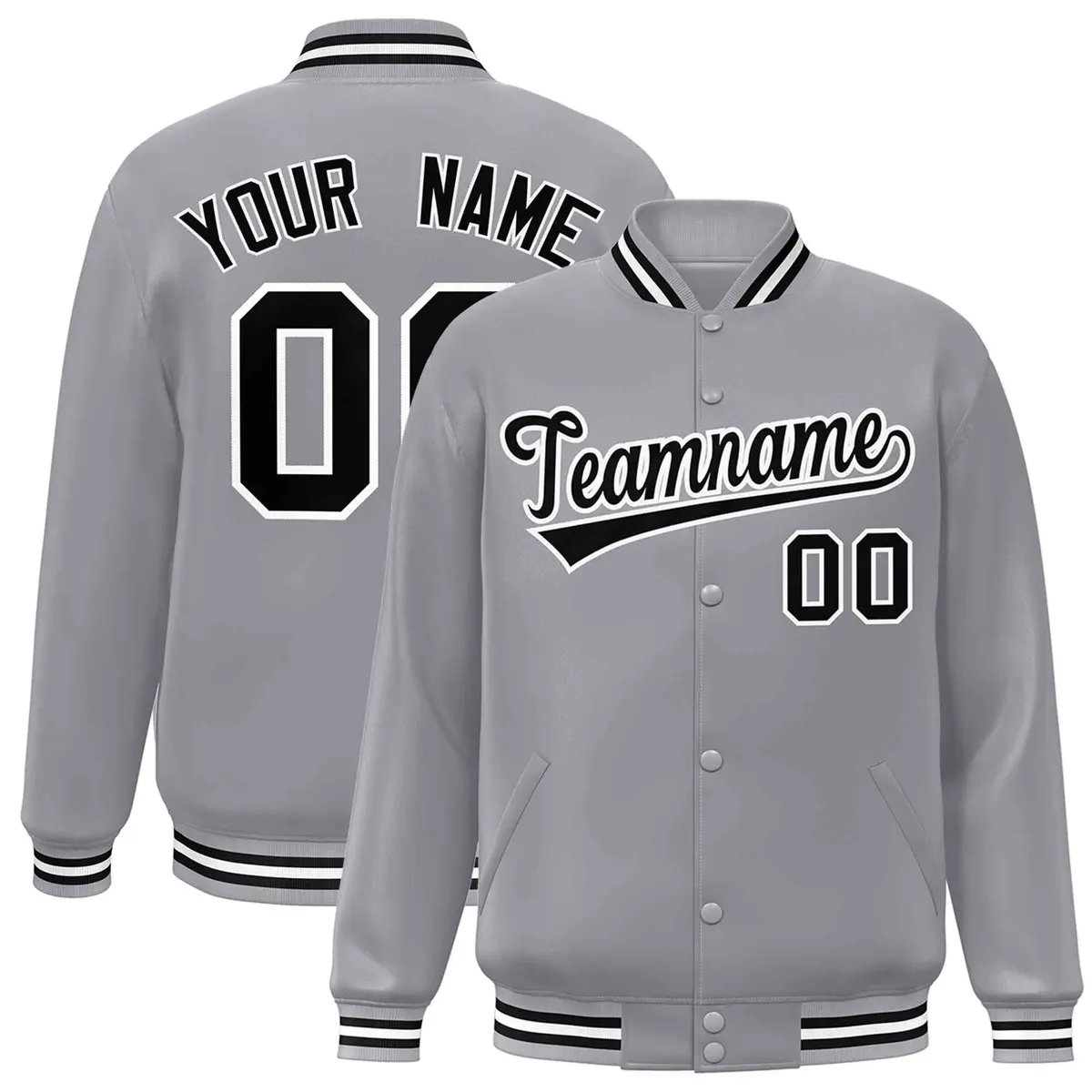 Gray Black White Classic Varsity Full-Snap Letterman Jacket