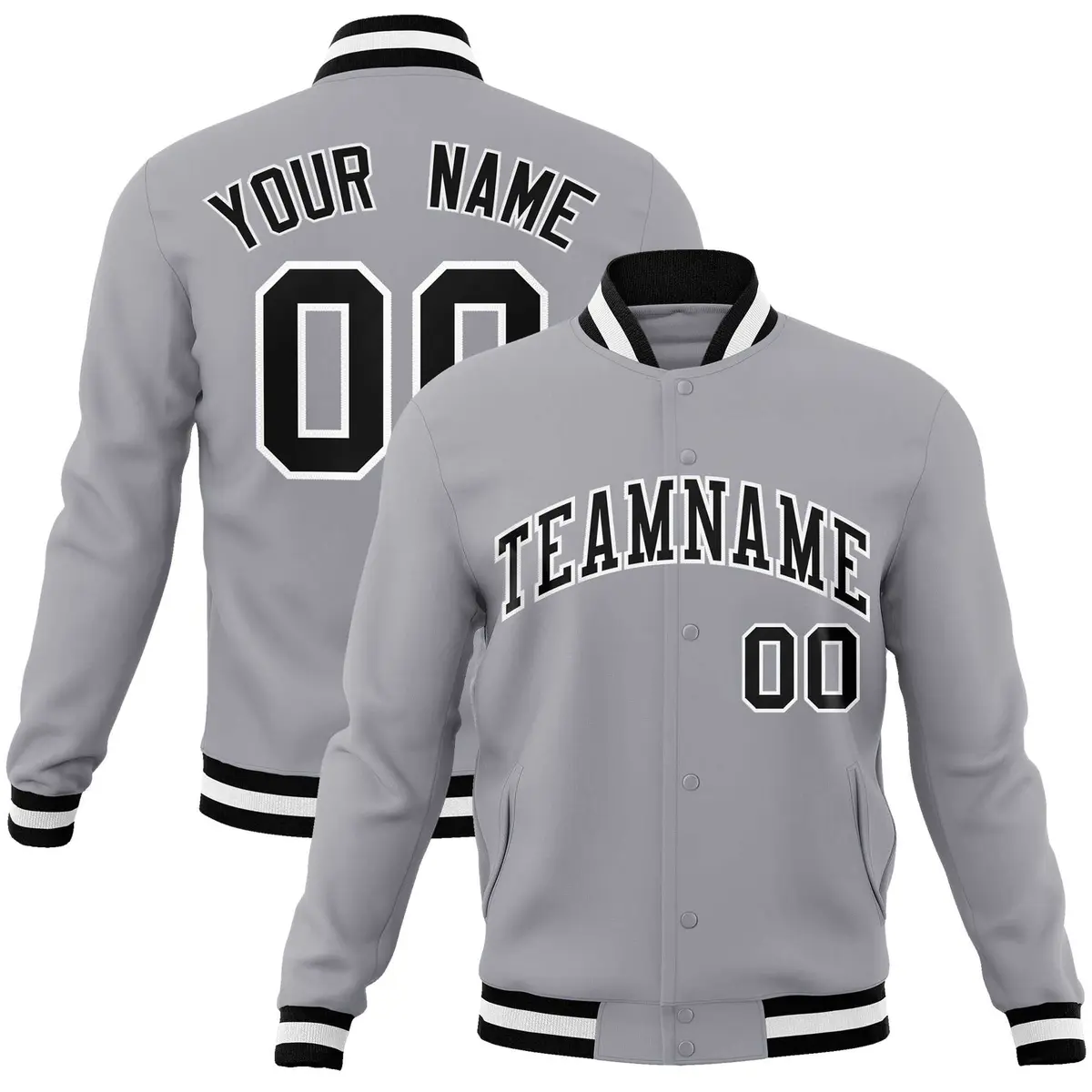 Gray Black White Classic Varsity Full-Snap Letterman Jacket