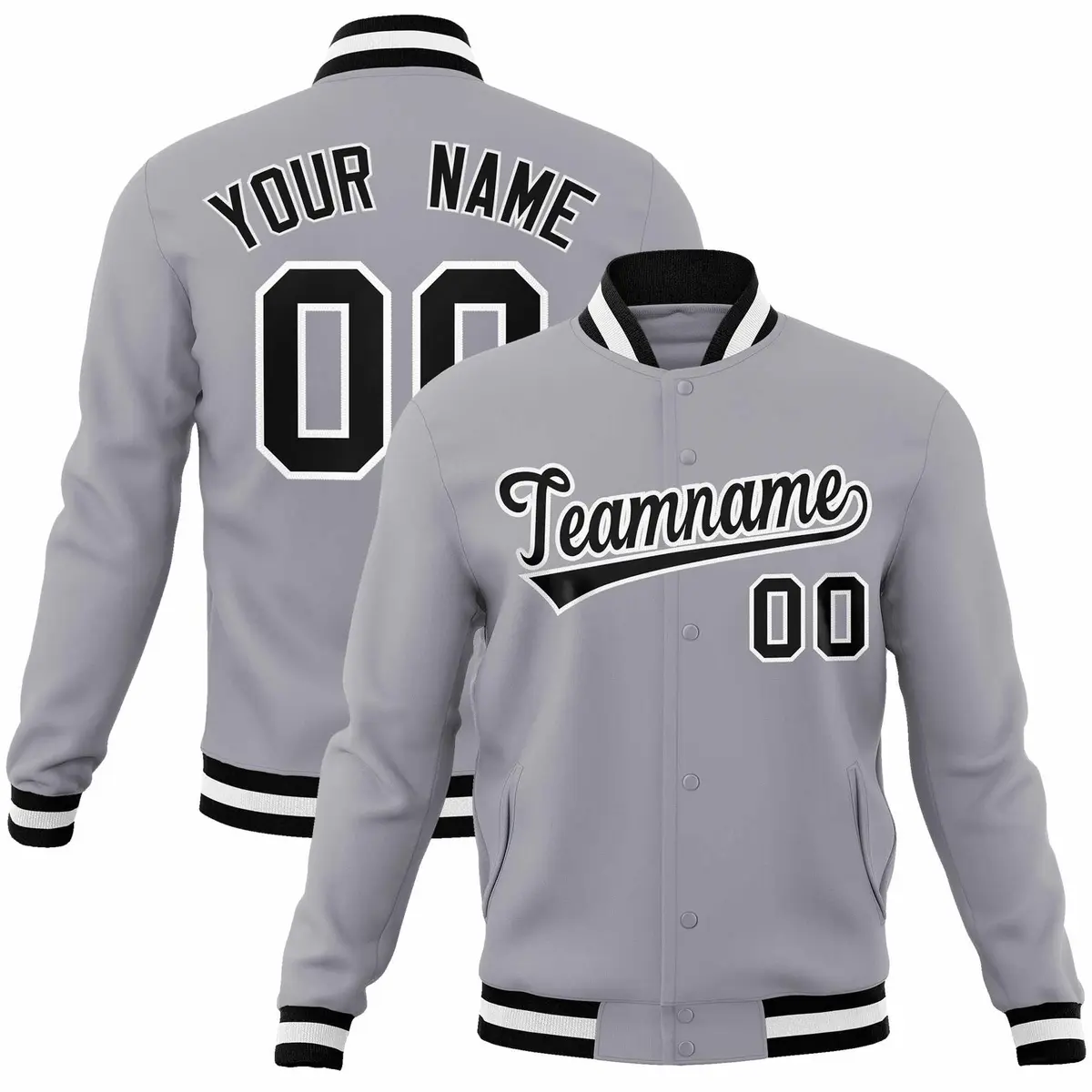 Gray Black White Classic Varsity Full-Snap Letterman Jacket