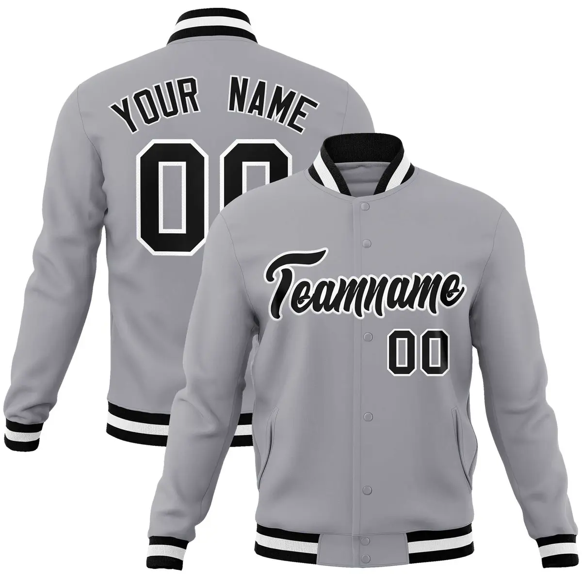 Gray Black White Classic Varsity Full-Snap Letterman Jacket