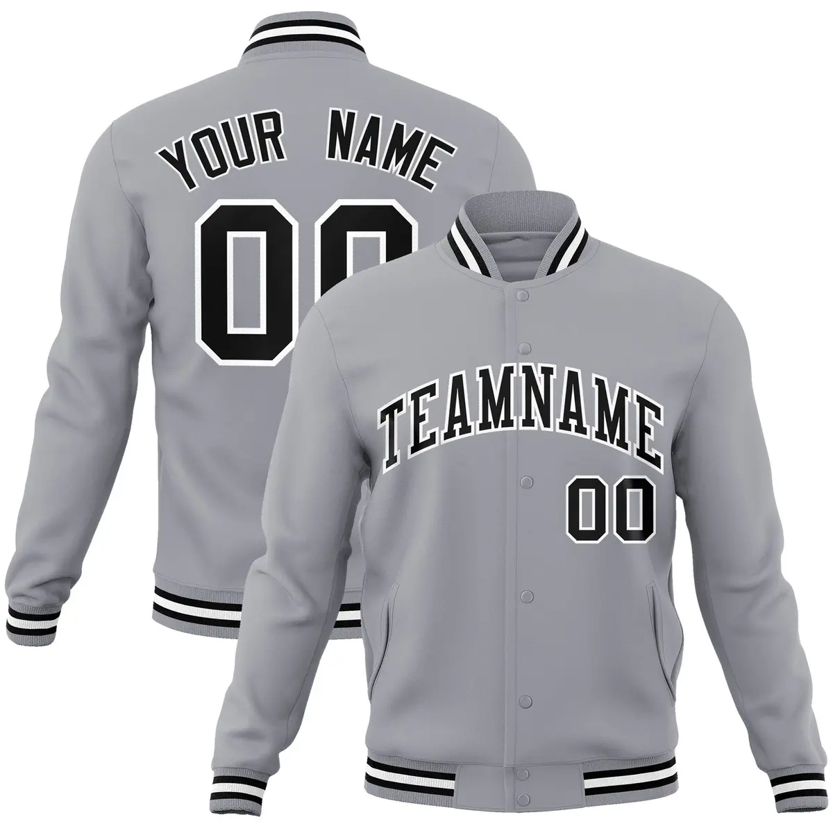 Gray Black White Classic Varsity Full-Snap Letterman Jacket