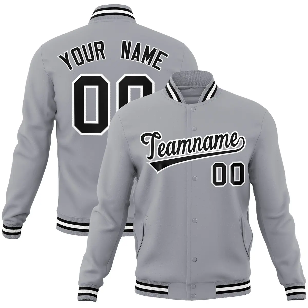 Gray Black White Classic Varsity Full-Snap Letterman Jacket