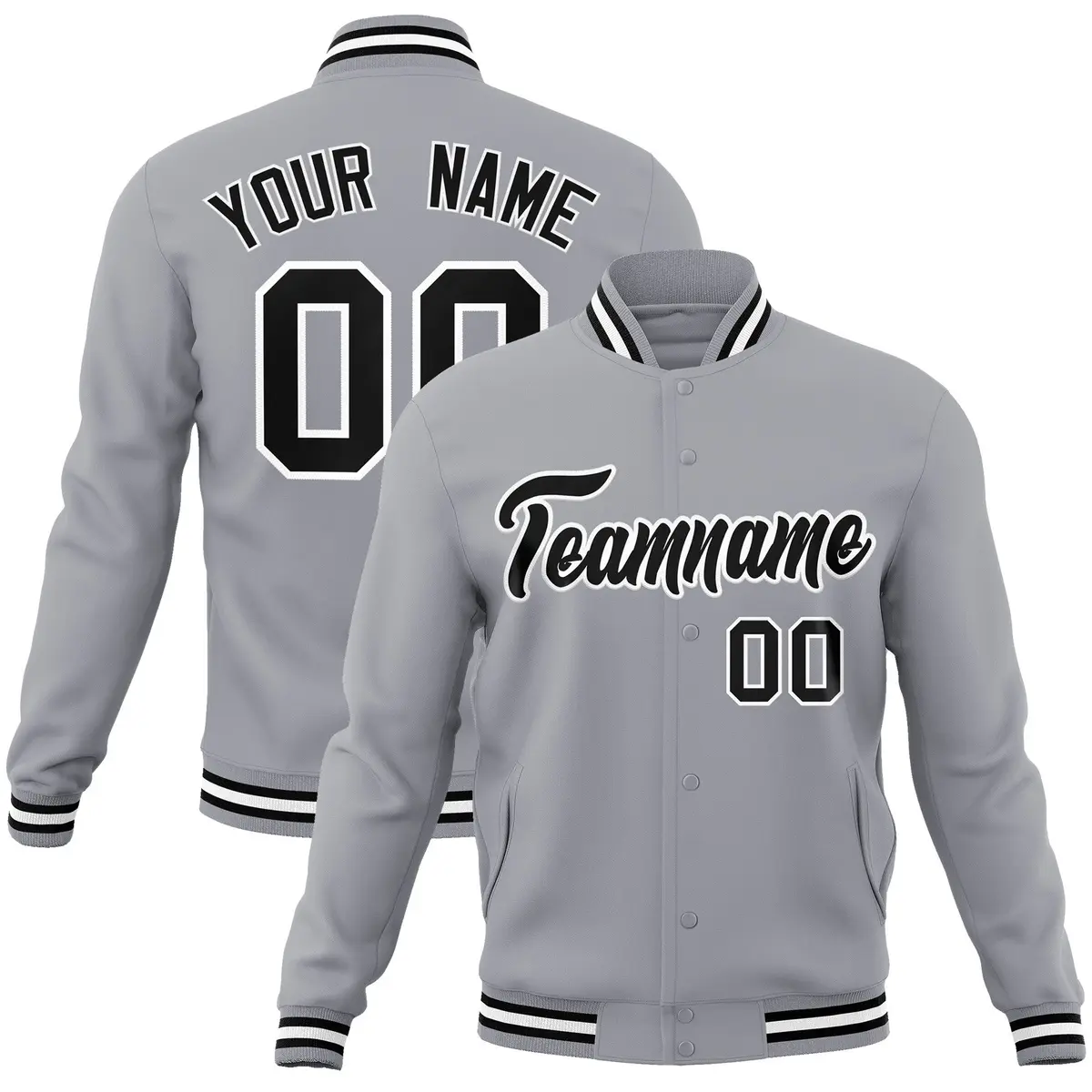 Gray Black White Classic Varsity Full-Snap Letterman Jacket
