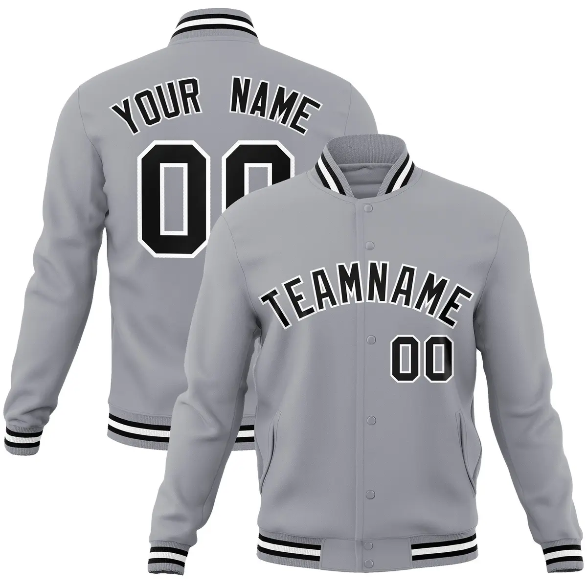 Gray Black White Classic Varsity Full-Snap Letterman Jacket