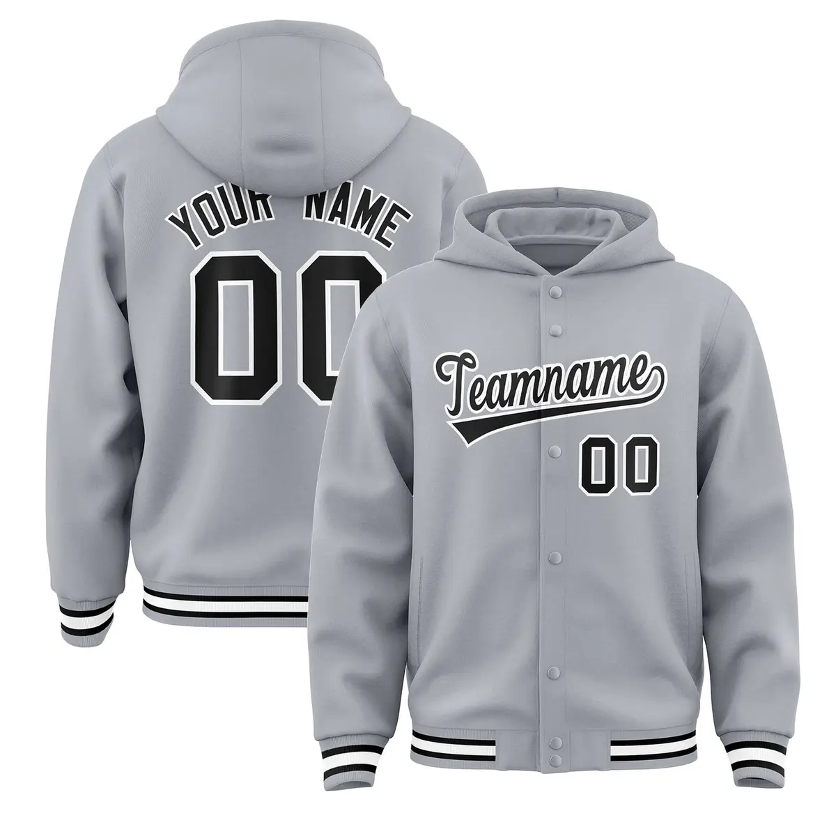 Gray Black-White Classic Varsity Letterman Jacket Hoodie