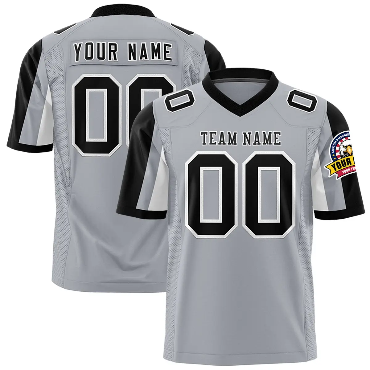 Gray Black-White Color Block Raglan Sleeves Football Jersey