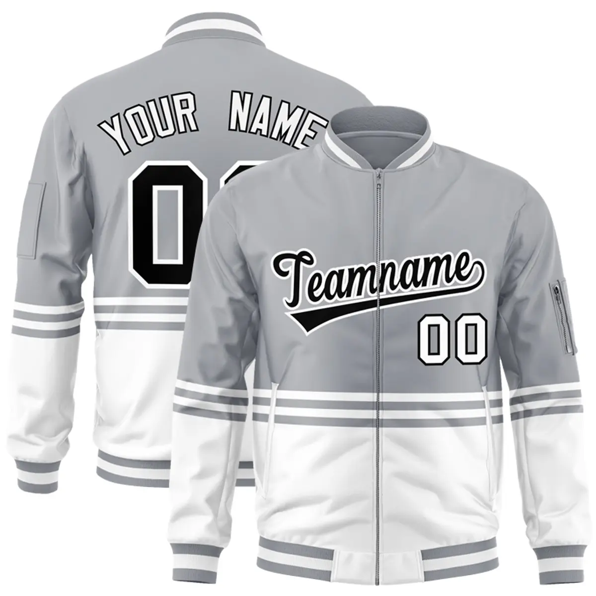 Gray Black-White Color Block Varsity Letterman Bomber Jacket