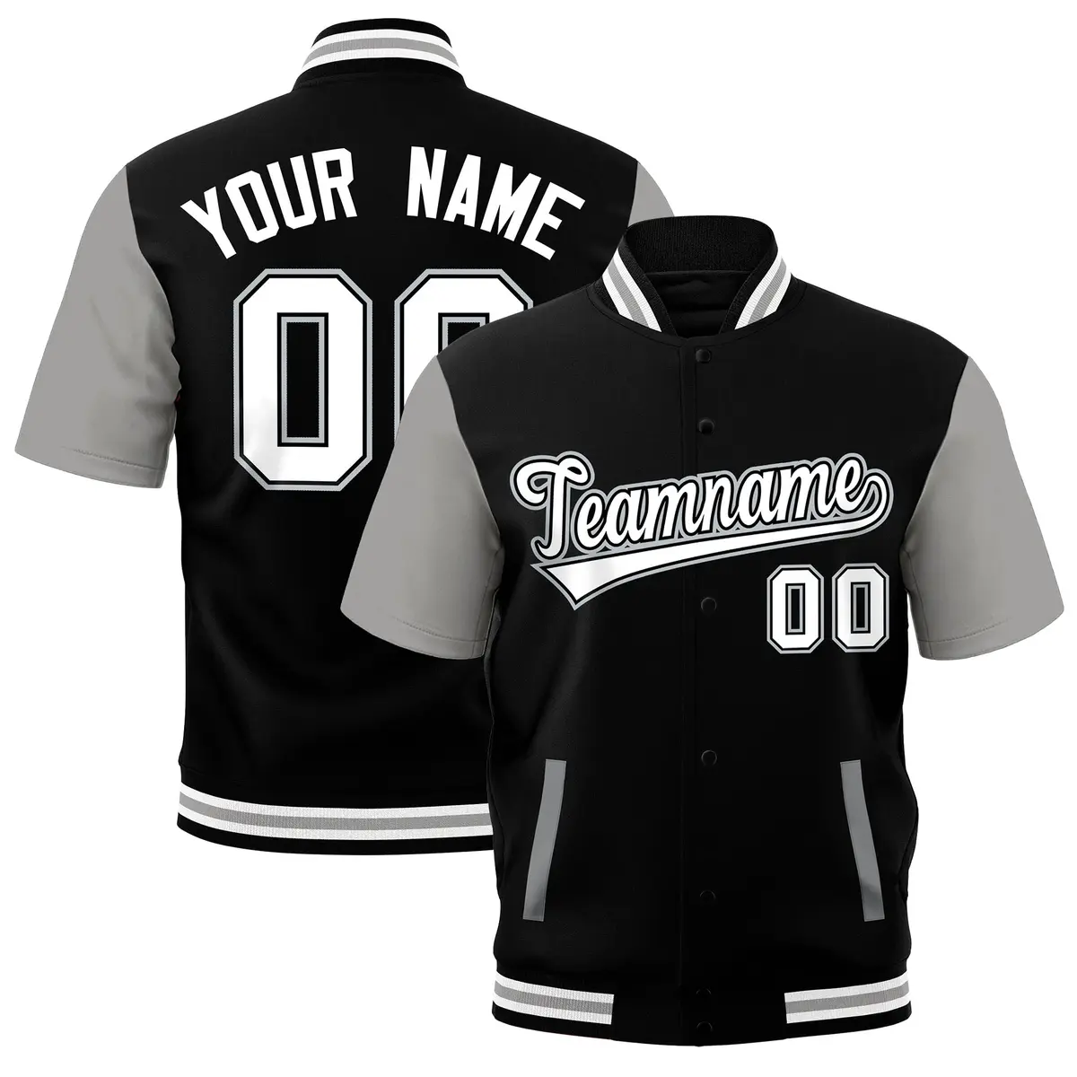 Gray Black White Full-Snap Short Sleeve Varsity Jacket