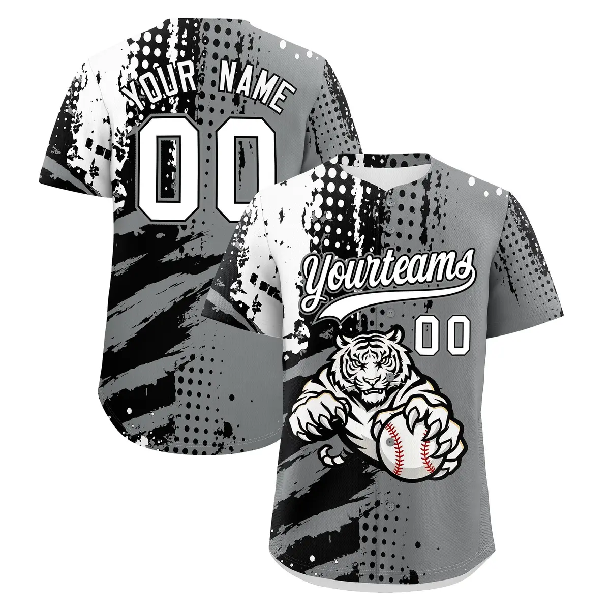 Gray Black White Full-Snap Tiger Graffiti Baseball Jersey