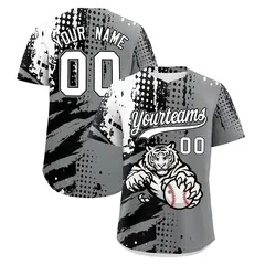 Gray Black White Full-Snap Tiger Graffiti Baseball Jersey