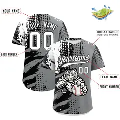Gray Black White Full-Snap Tiger Graffiti Baseball Jersey 2