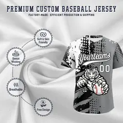 Gray Black White Full-Snap Tiger Graffiti Baseball Jersey 3