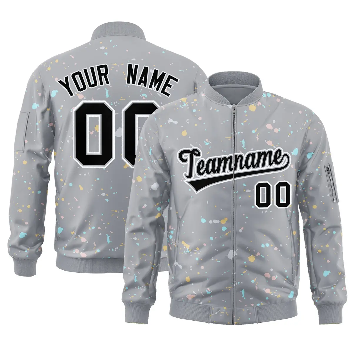 Gray Black White Full-Zip Graffiti Splash Varsity Letterman Jacket