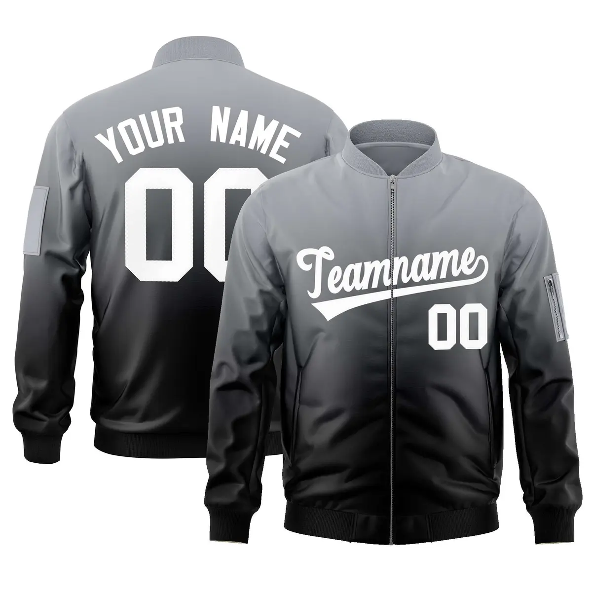 Gray Black-White Gradient Full-Zip Varsity Letterman Bomber Jacket