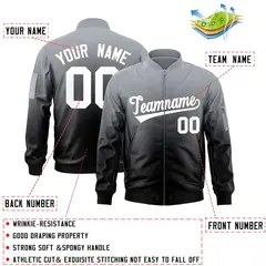 Gray Black-White Gradient Full-Zip Varsity Letterman Bomber Jacket 2