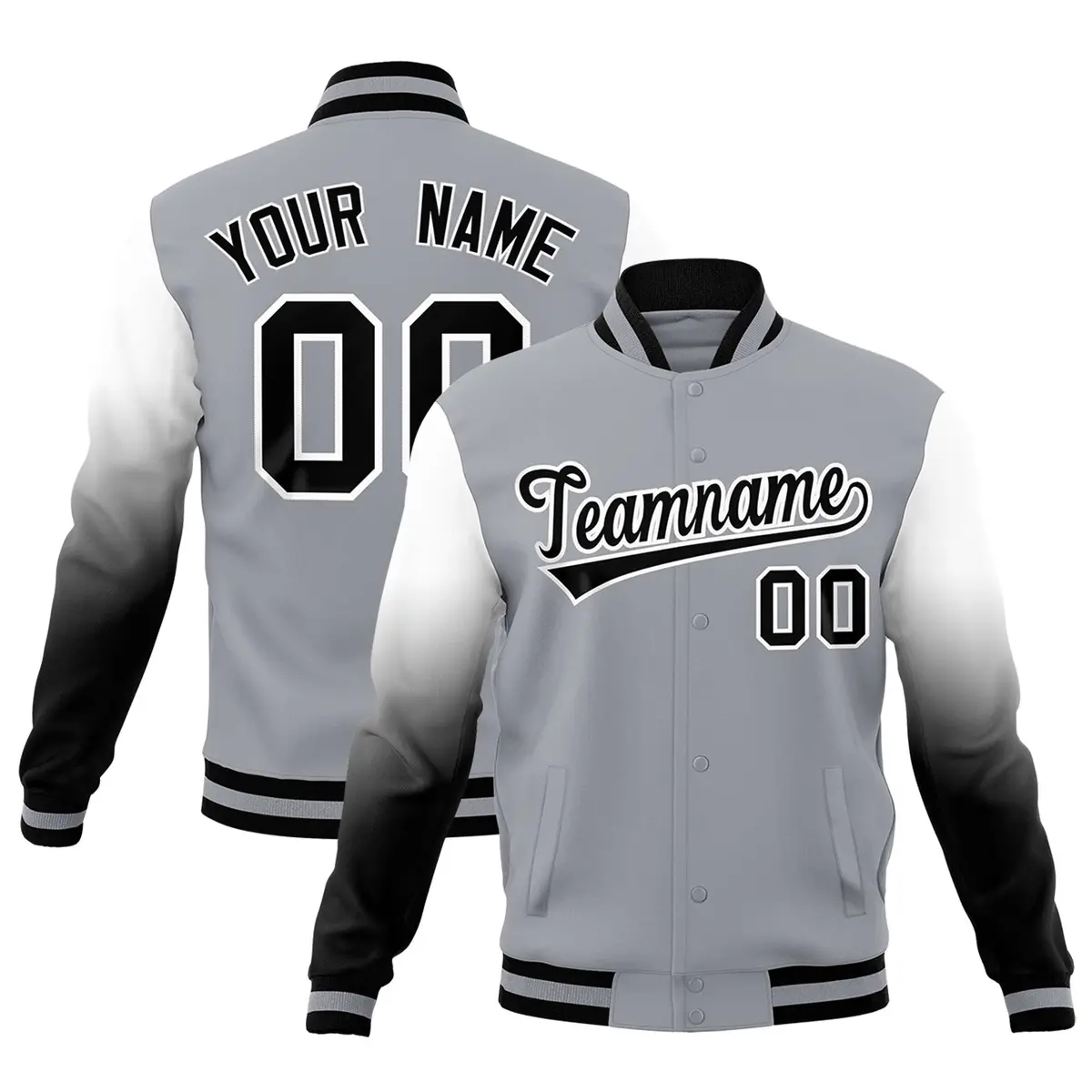 Gray Black White Gradient Varsity Raglan Letterman Jacket