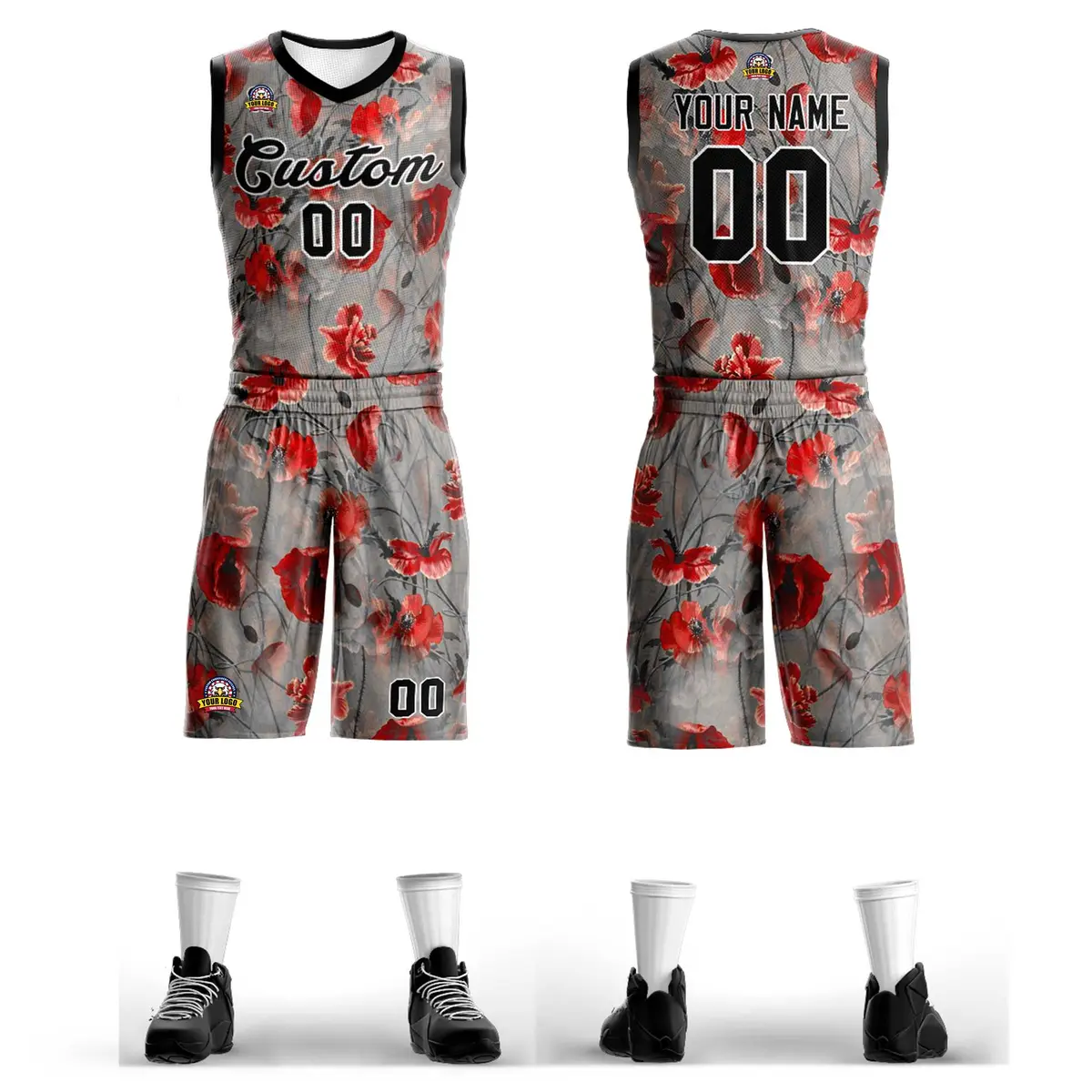 Gray Black-White Graffiti Pattern Mesh Basketball Jersey Sets