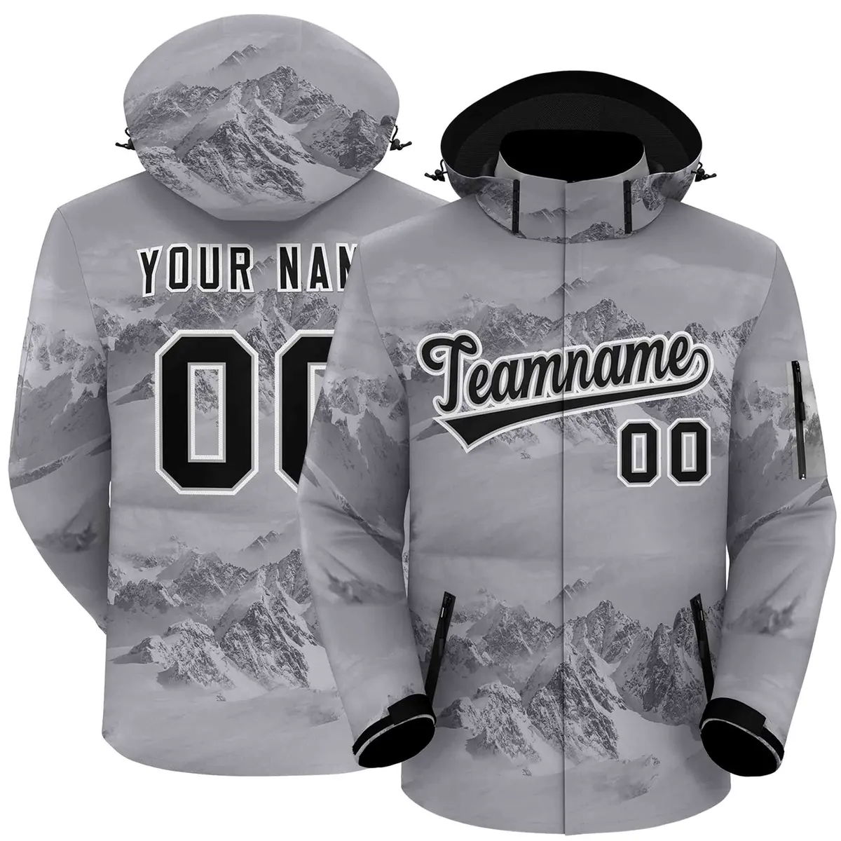Gray Black White Graffiti Pattern Waterproof Jacket for Climbing