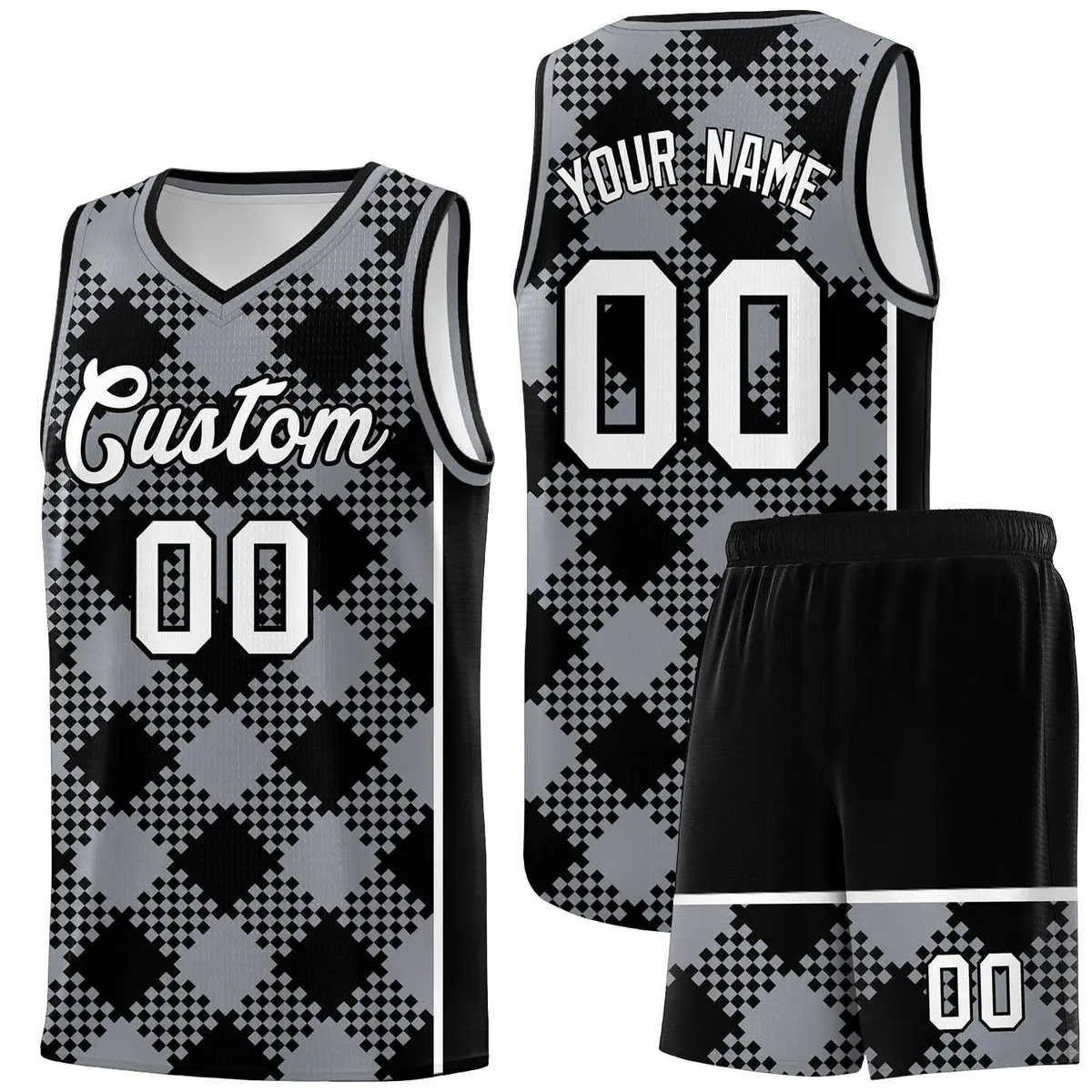 Gray Black-White Grid Basketball Kits For Team