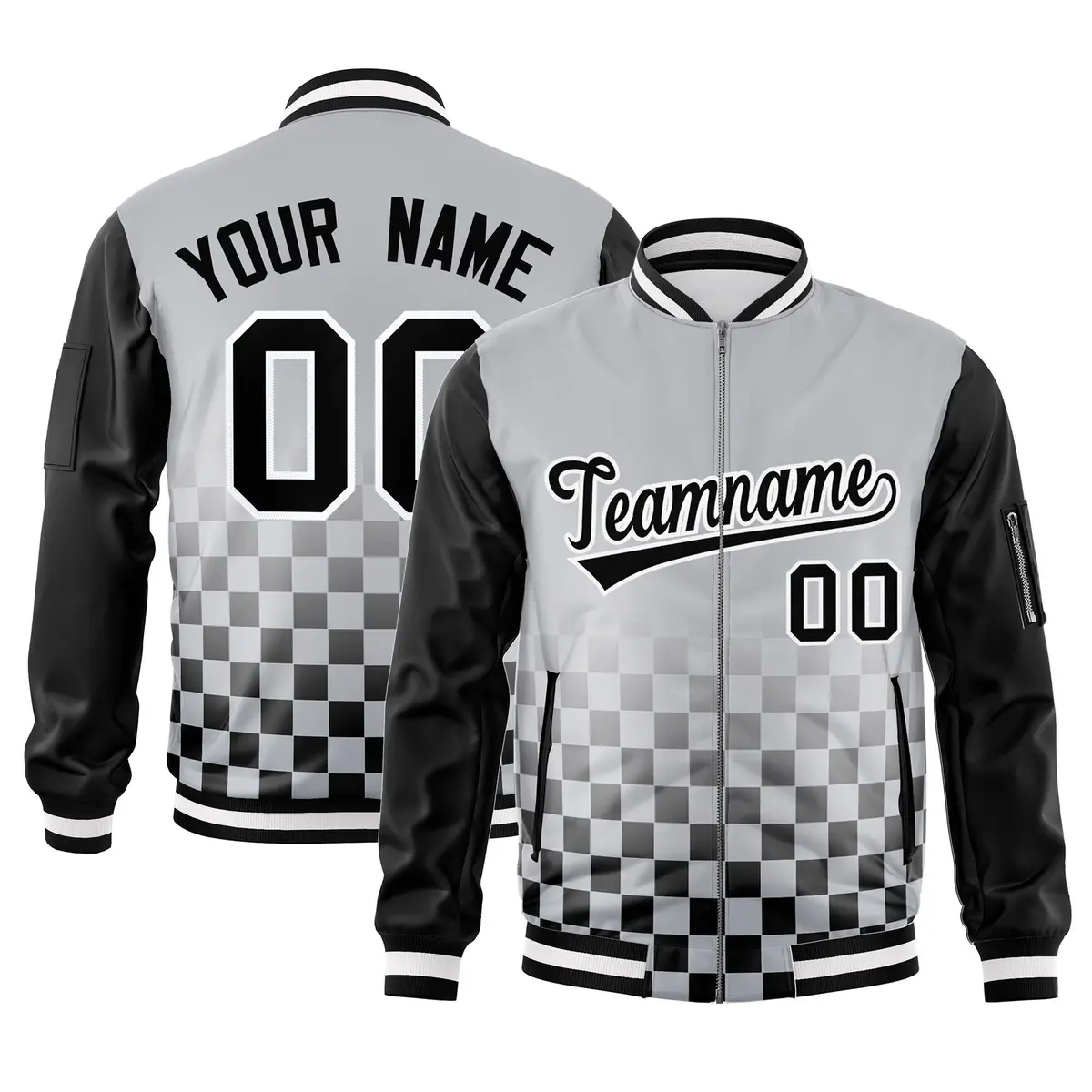 Gray Black-White Grid Color Block Letterman Raglan Jacket