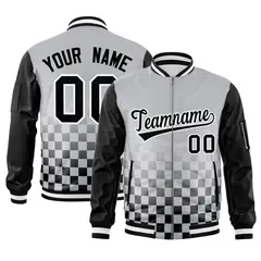 Gray Black-White Grid Color Block Letterman Raglan Jacket 1