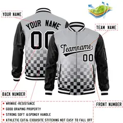 Gray Black-White Grid Color Block Letterman Raglan Jacket 2